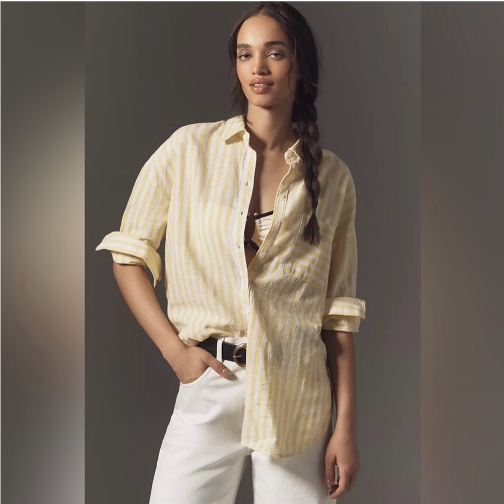 Anthropologie Mauve Yellow & White Linen Button Down